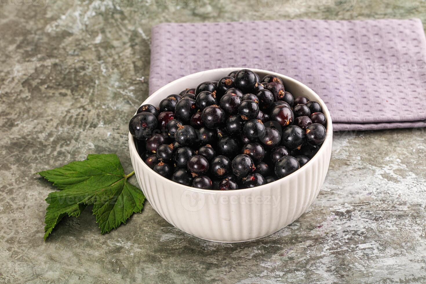 Black currant in a white bowl on a gray background photo