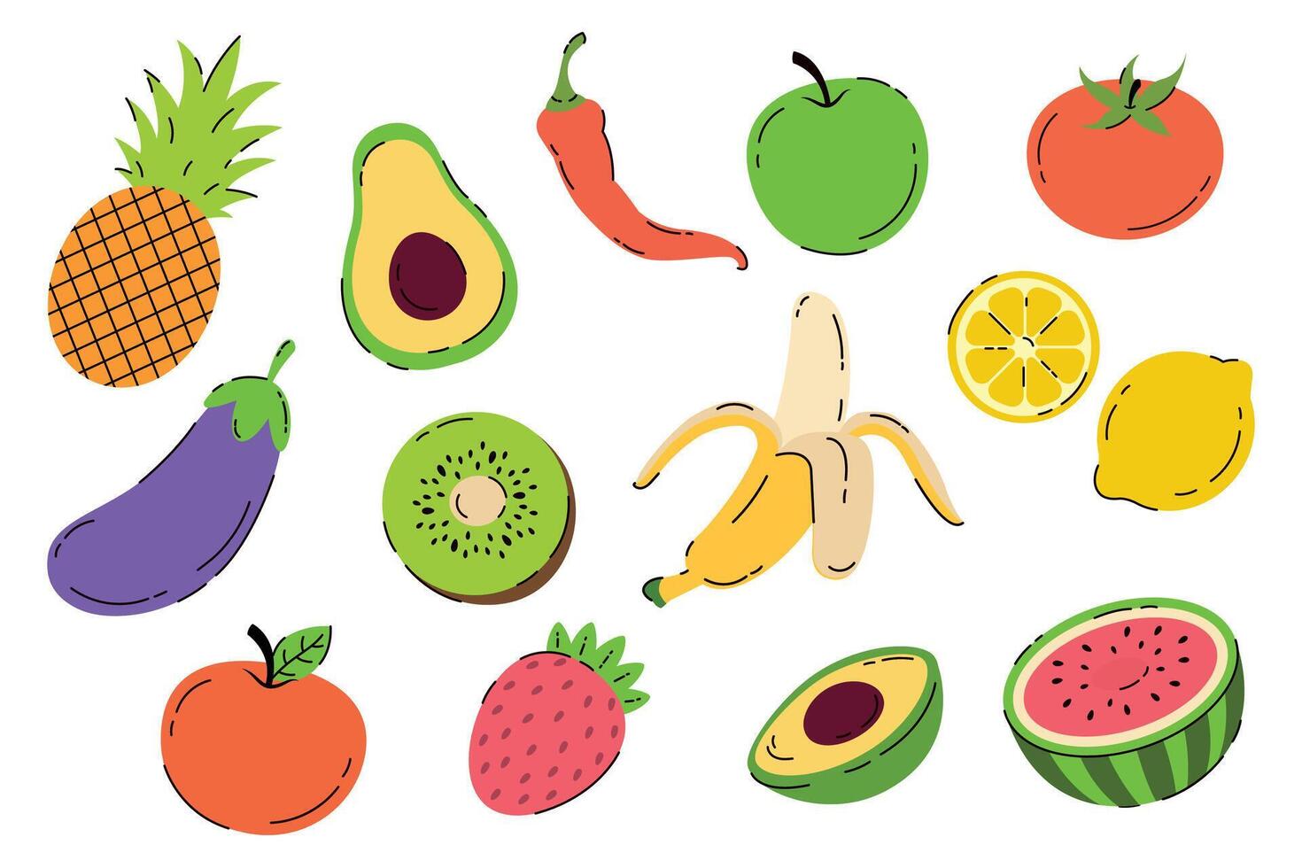 Set of fruits and vegetables. flat style vector