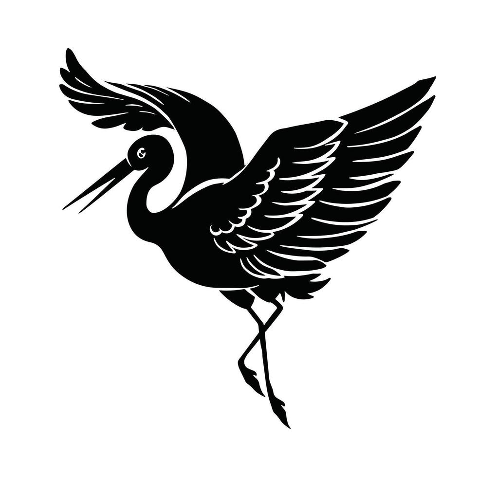 silhouette drawing logo bird, heron symbol stork in flight monochrome vector