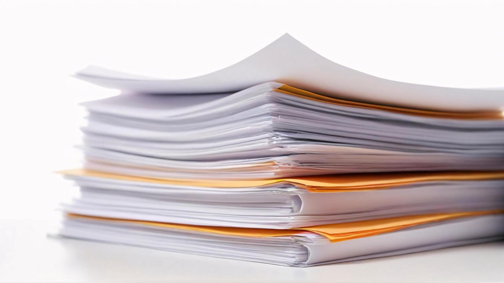 High stack of papers and documents on white background. photo