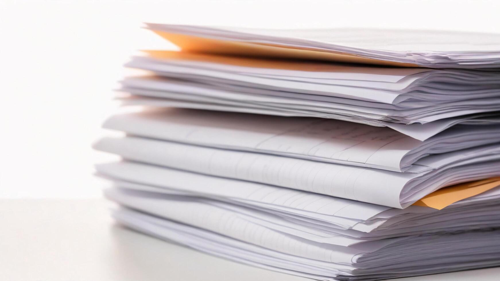 High stack of papers on white background. photo