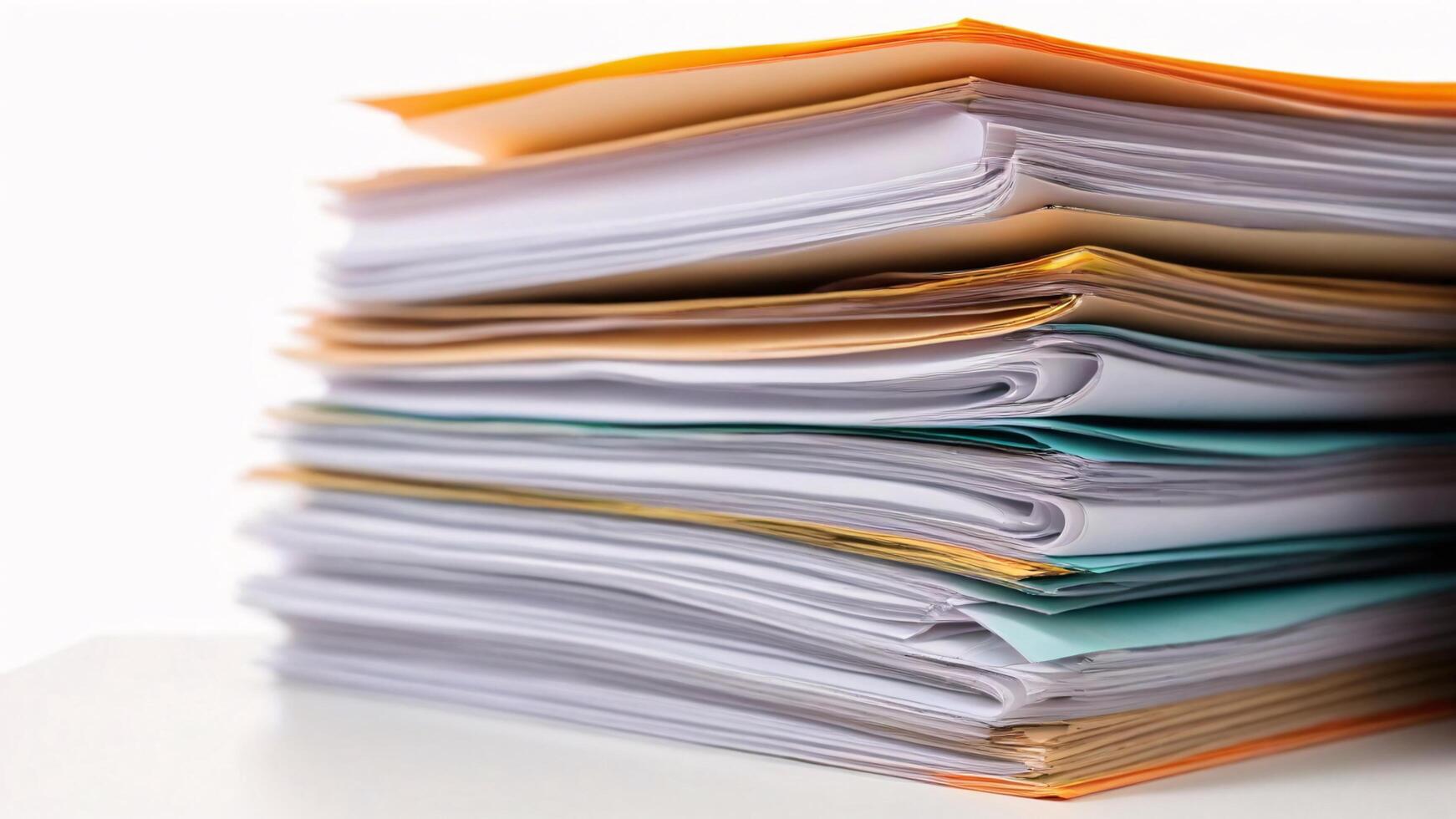 High stack of papers and folders on white background. photo