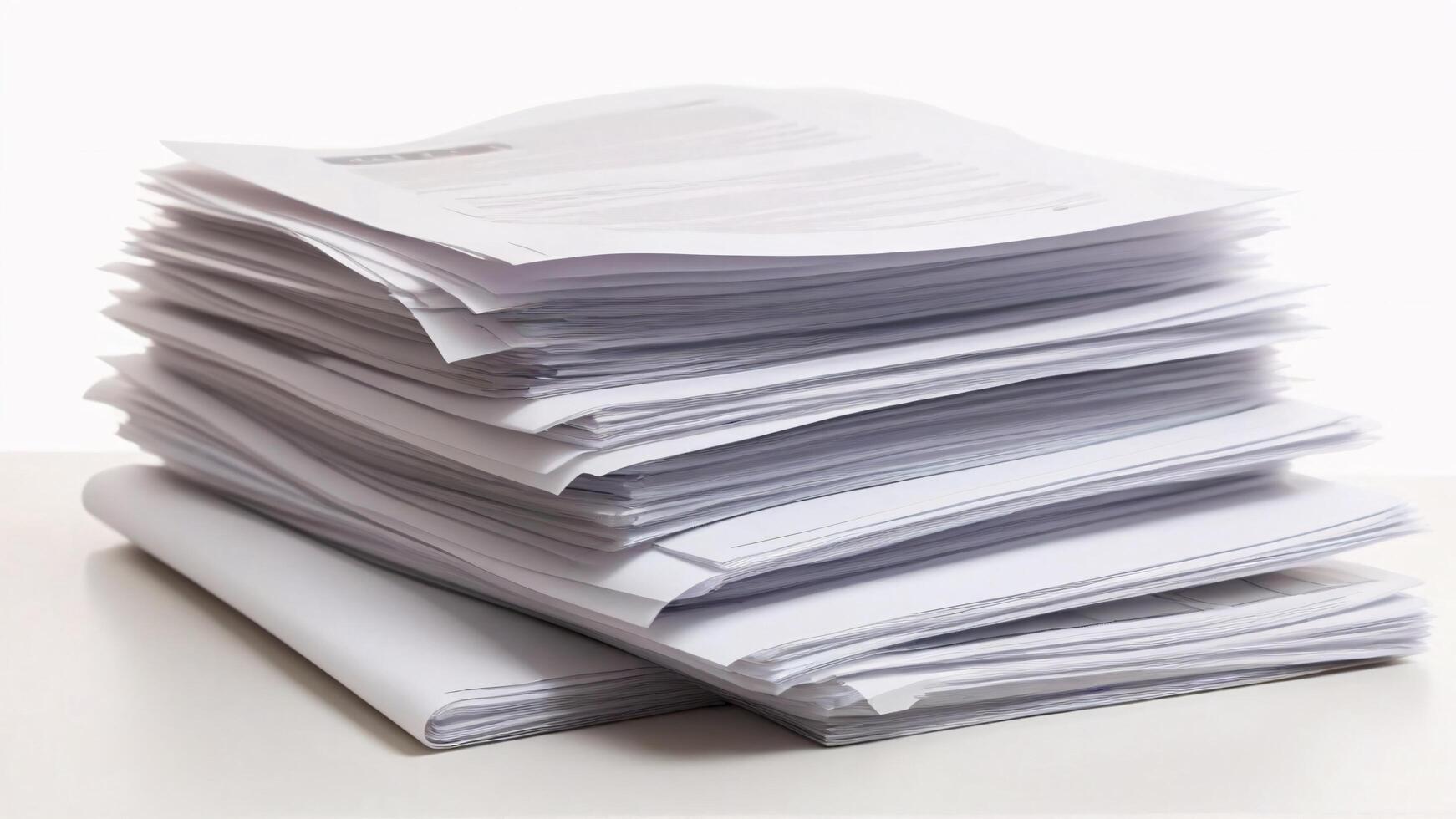 High stack of papers on white surface. photo