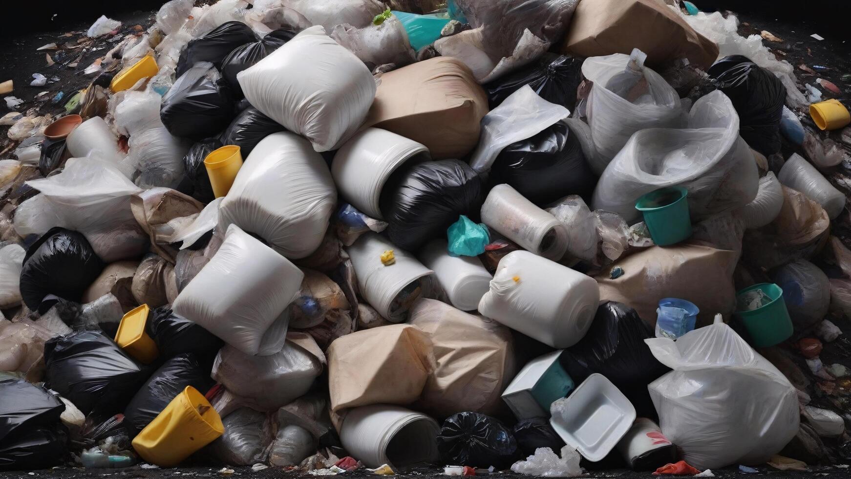Huge pile of unsorted garbage bags, plastic containers, and waste. photo
