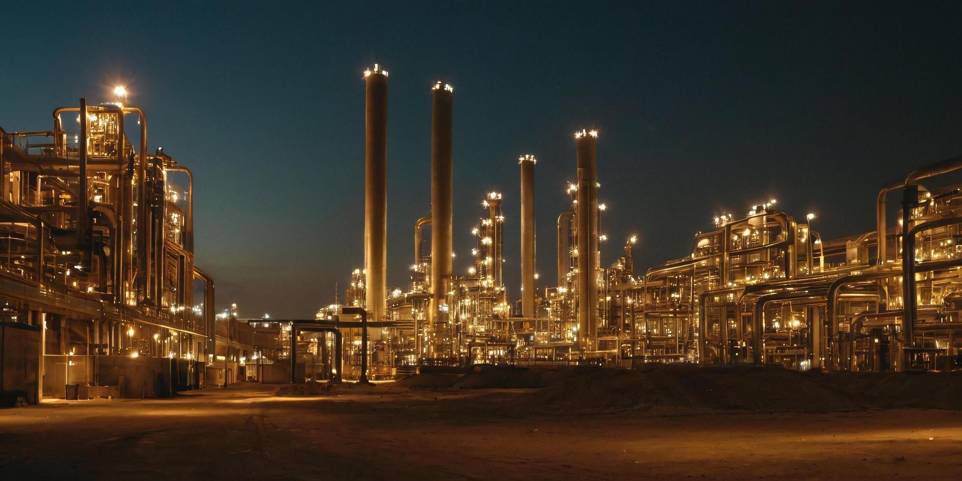 Illuminated industrial refinery complex at night. photo