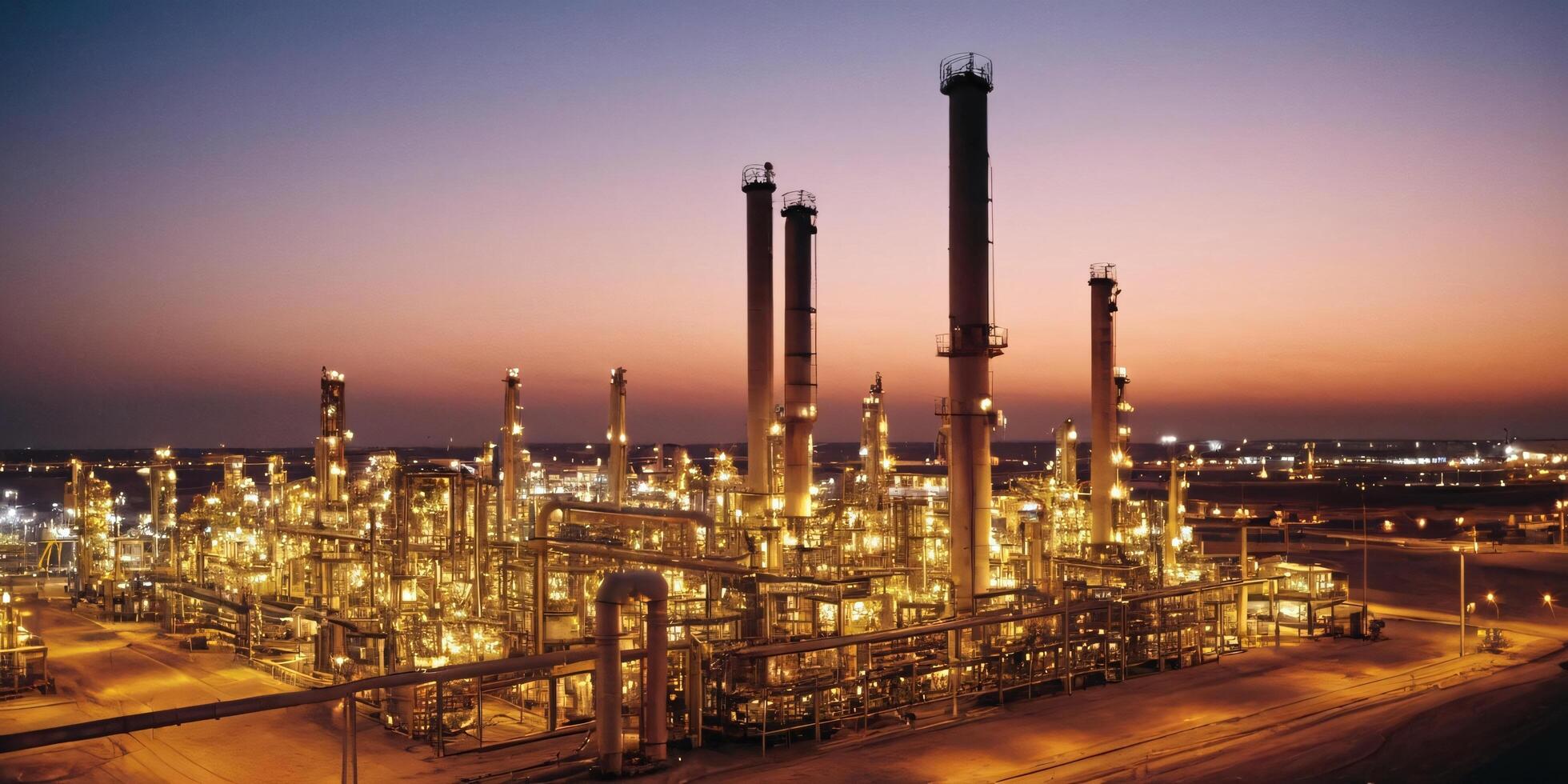 Illuminated petrochemical refinery at twilight. photo