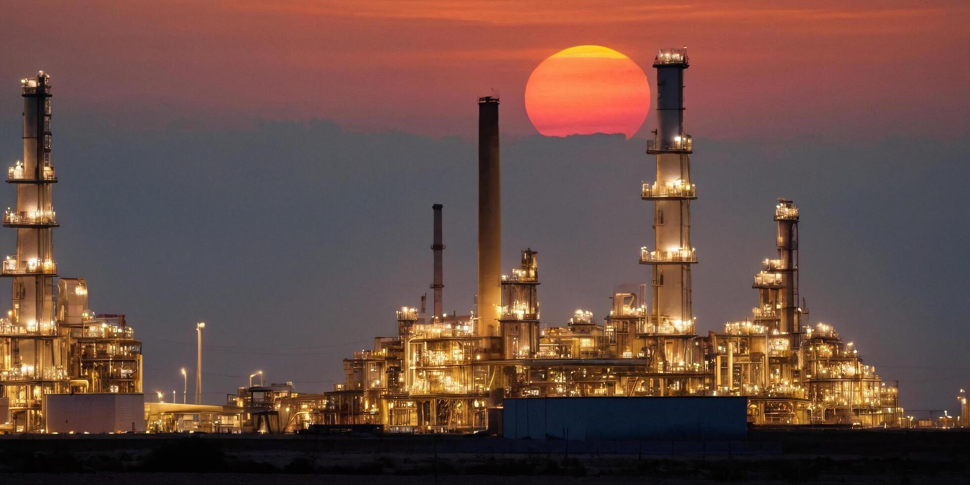 Illuminated refinery at sunset photo