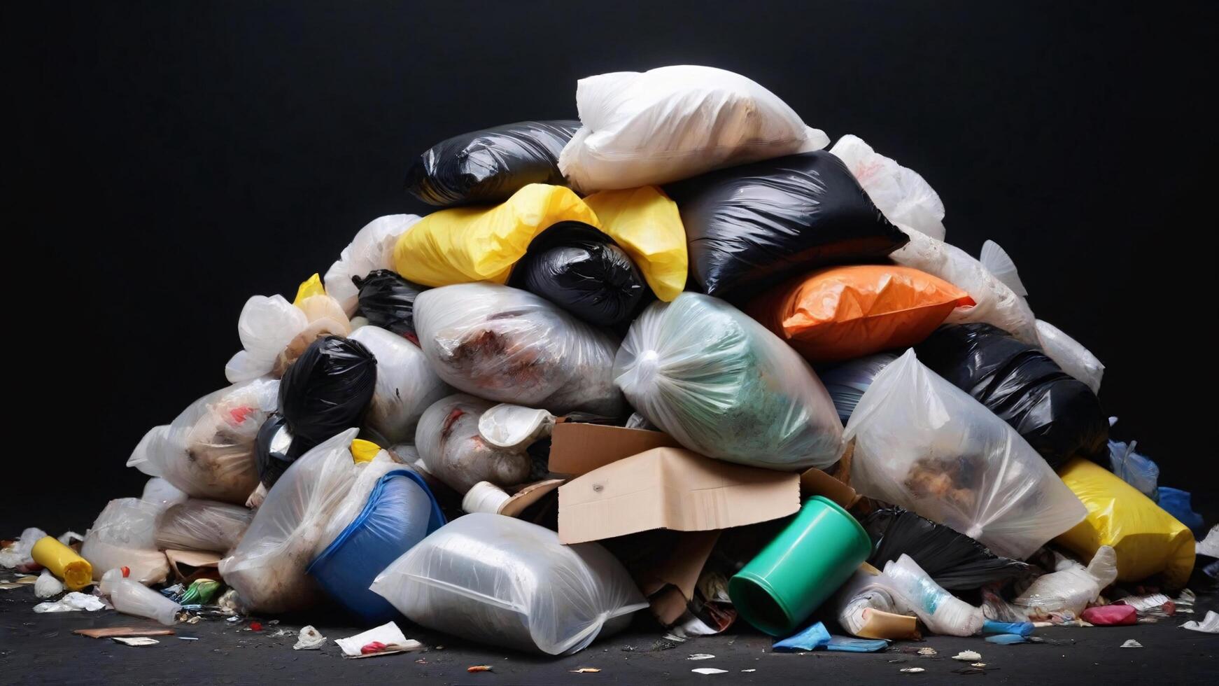 Large pile of overflowing garbage bags and waste on dark background. photo