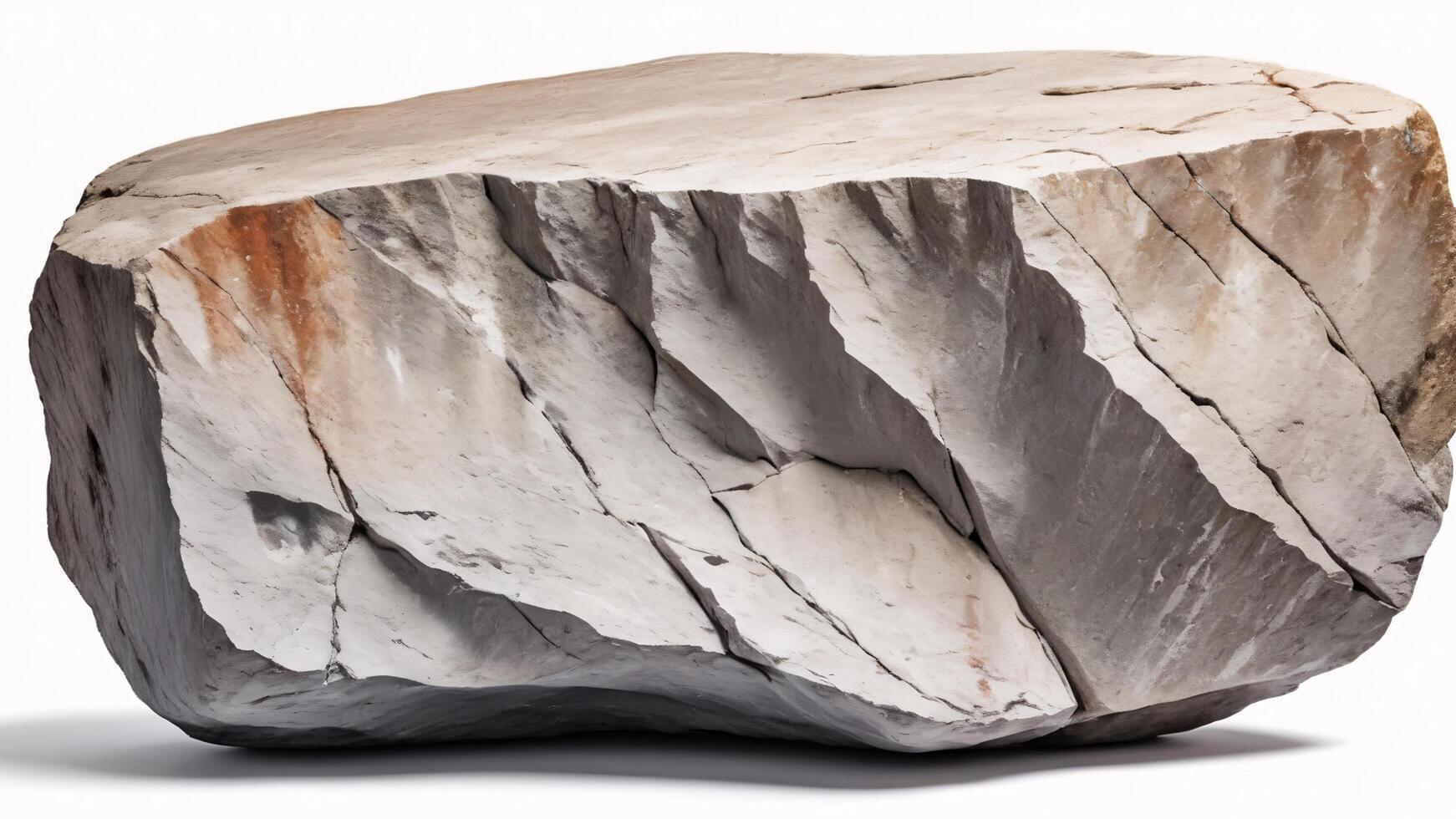 Large rough-hewn light grey stone isolated on white. photo
