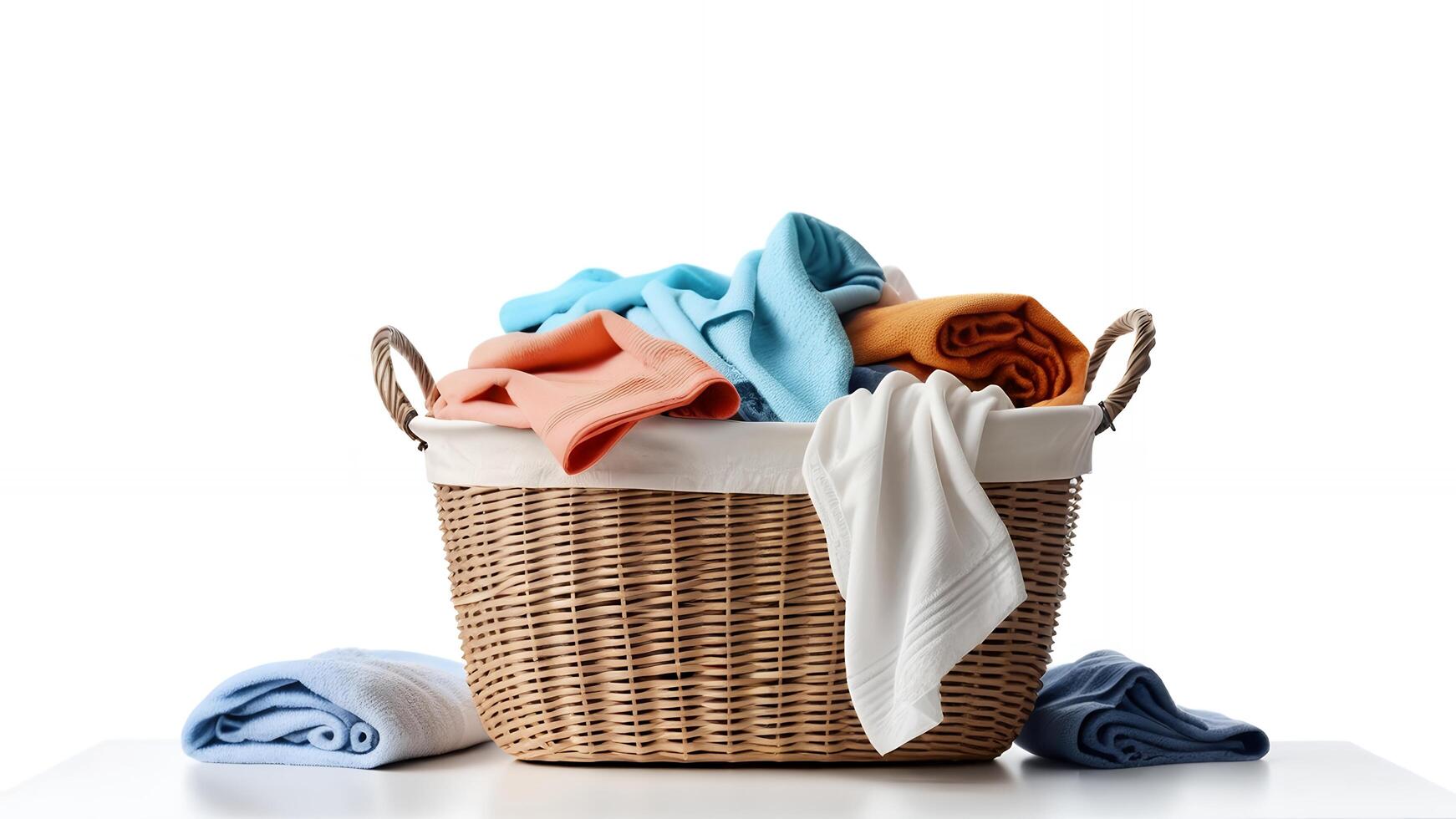 Laundry basket overflowing with colorful clothes and towels on white background. photo