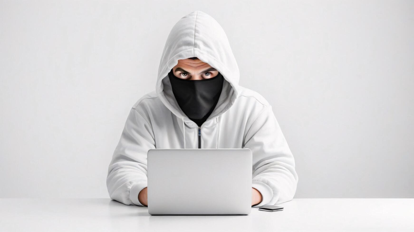 Masked person using laptop, suspicious activity. photo