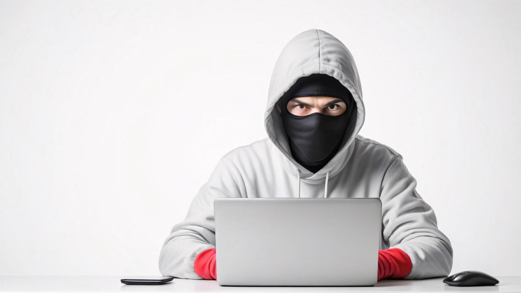 Masked hacker using laptop, serious expression. photo