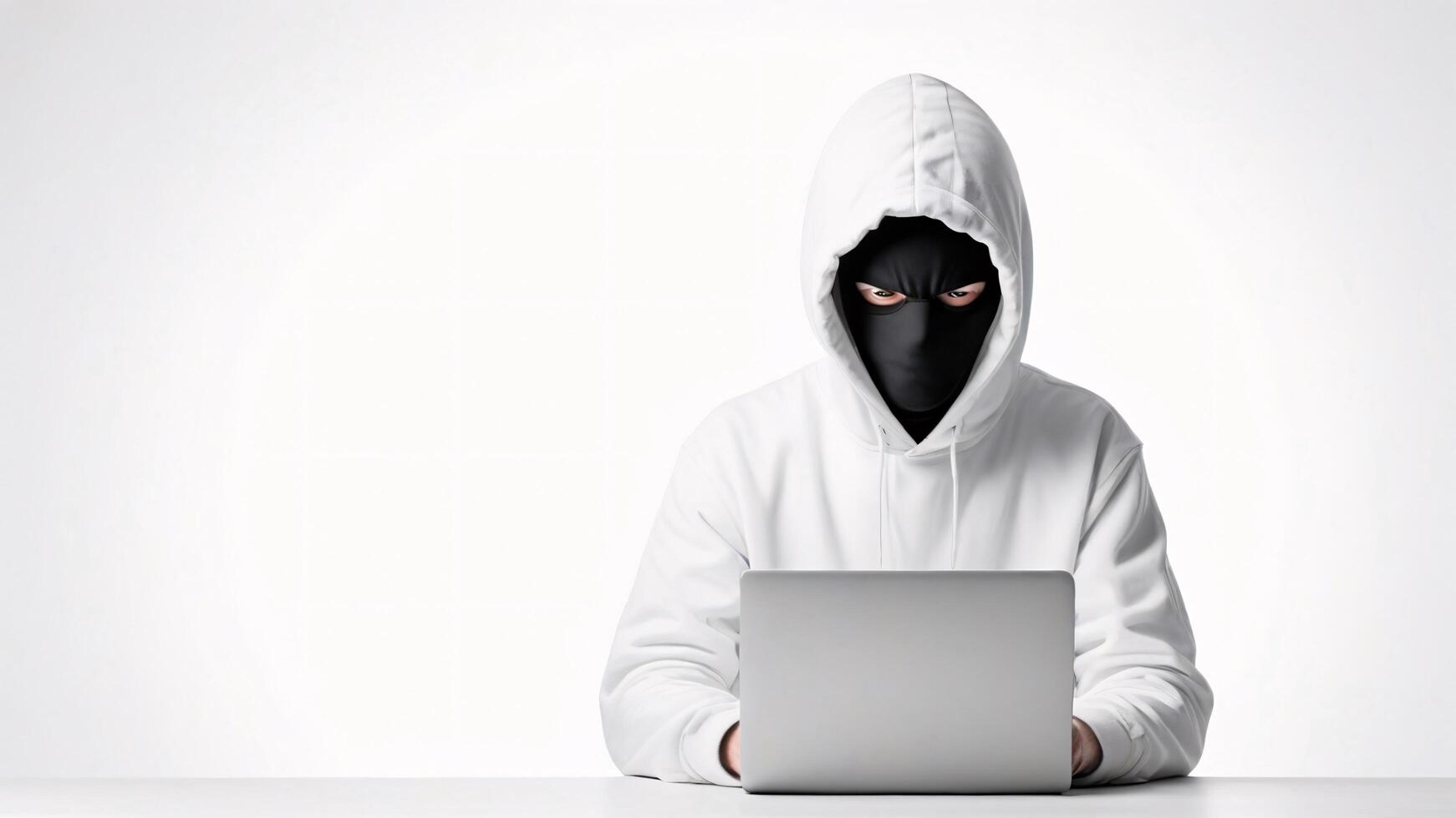 Masked person using laptop, cybersecurity concept. photo
