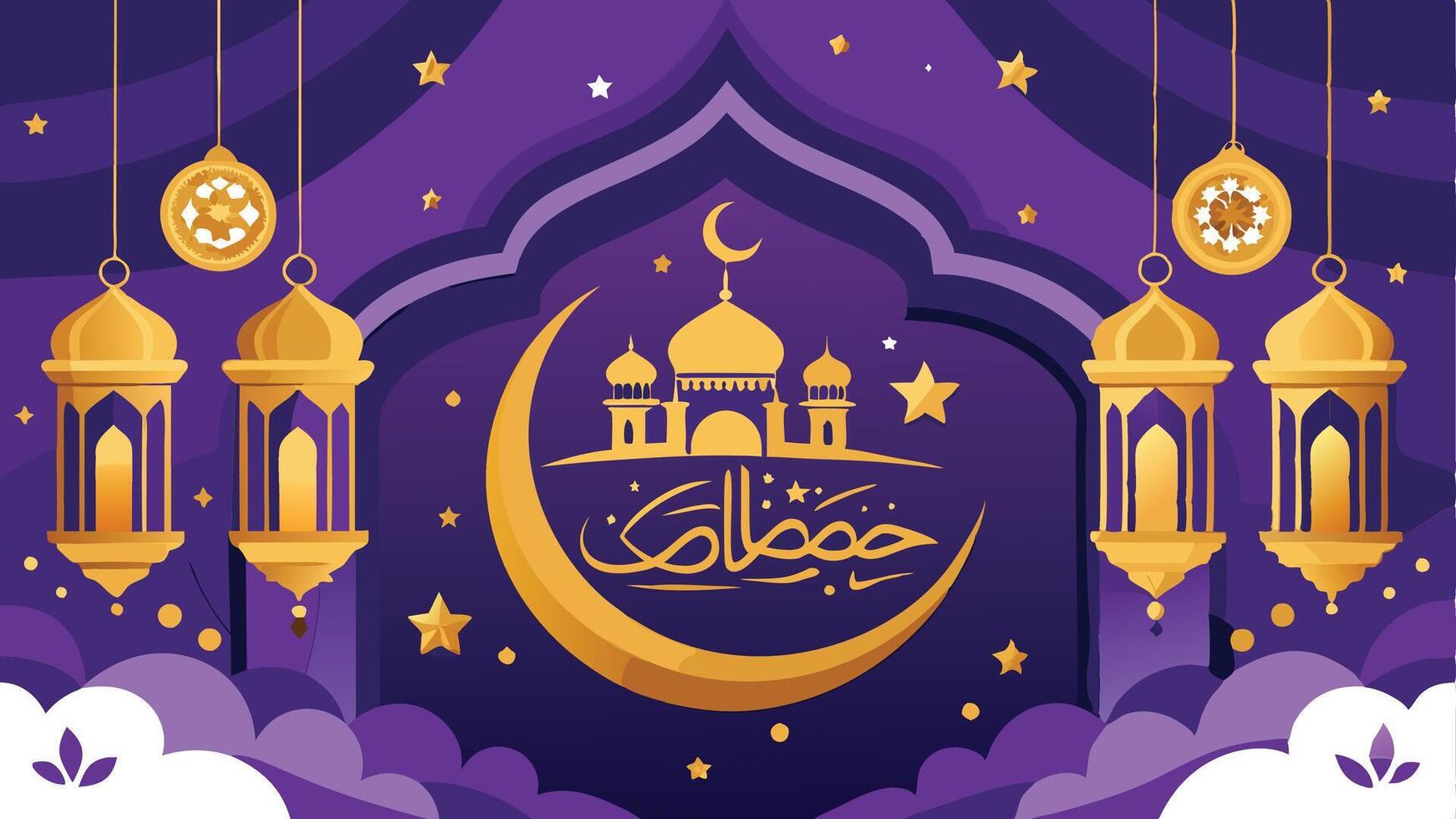 Ramadan Kareem design on green Islamic background with gold ornament star, moon, mosque, lanterns and islamic elements. Suitable for vector