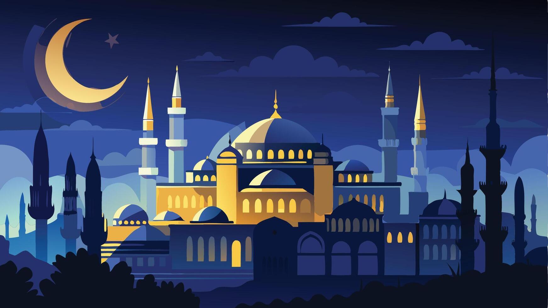 decorative eid mubarak mosque background with light effect vector