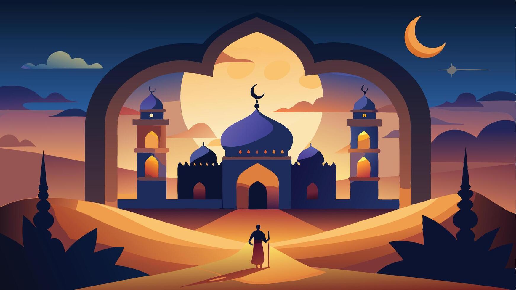 Eid al adha background gold with beautiful moon and mosque Ornaments vector