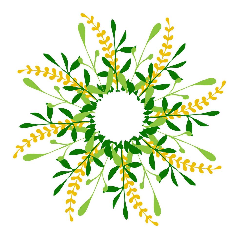 Intricate circular design featuring green leaves and yellow hearts in a vibrant pattern vector