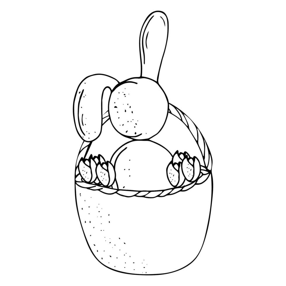A rabbit sitting with its back in a basket of flowers. Easter doodle illustration. Easter bunny vector