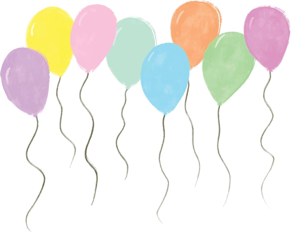 Set collection Colorful pastel soft colors birthday balloons with string watercolor crayon hand drawn cute illustration isolated in white vector