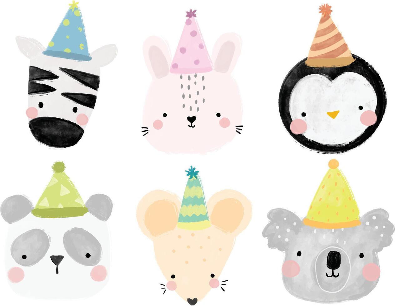 Cute collection set of scandinavian jungle forest animals wearing birthday hat party crayon watercolor illustration transparent nursery cutout clipart digital planner sticker vector