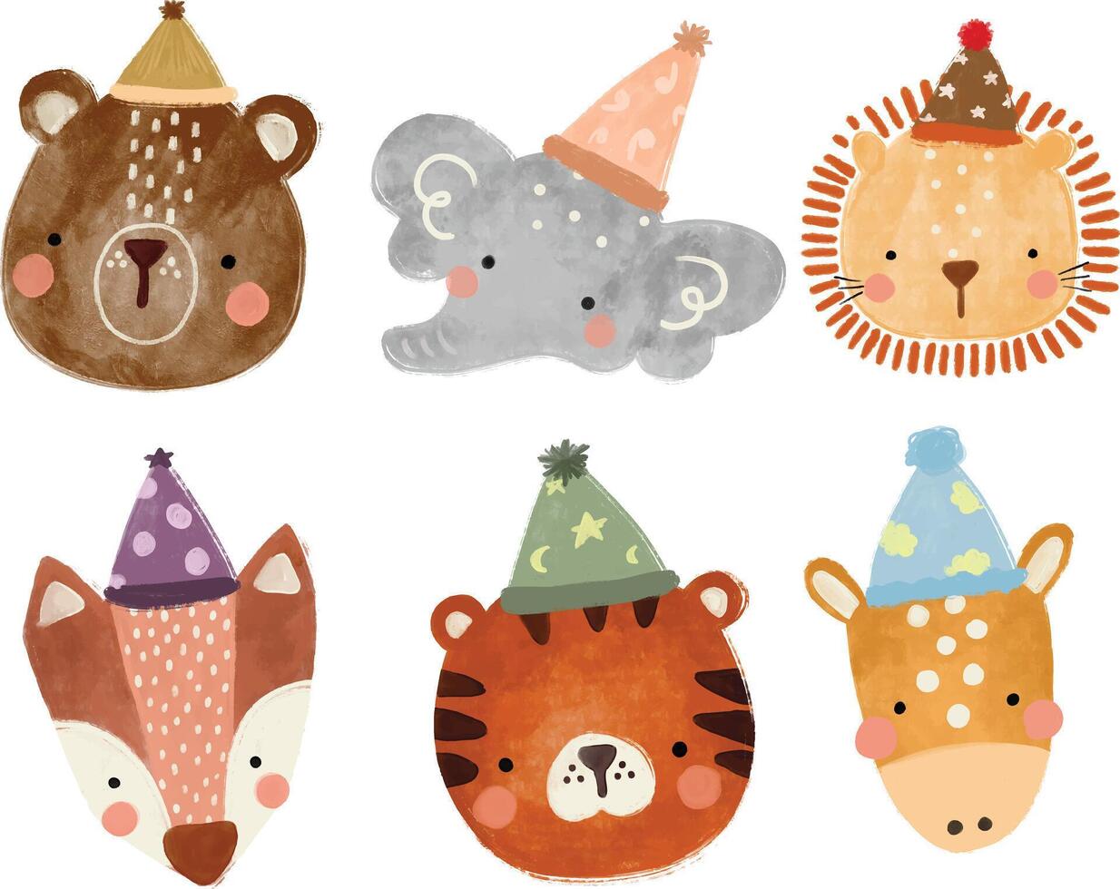 Cute set collections head of scandinavian jungle forest animals wearing birthday hat party crayon watercolor illustration transparent nursery cutout clipart digital planner sticker vector