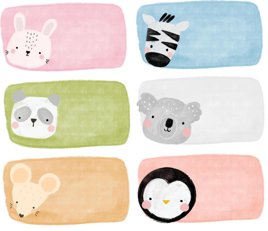 cute set collections Name Label gift sticker animal head scandinavian jungle forest zoo birthday school note book pastel watercolor illustration notepad vector
