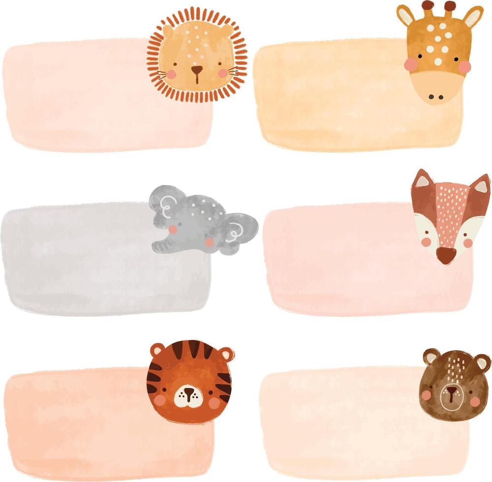 cute set collections Name Label gift sticker animal head scandinavian jungle forest zoo birthday school note book notepad vector