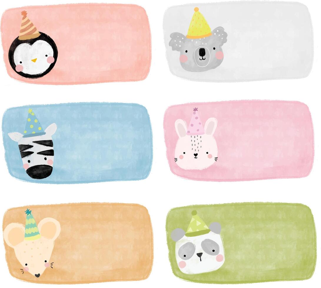 cute set collections Name Label birthday gift party sticker animal head scandinavian jungle forest zoo school note book pastel watercolor illustration vector