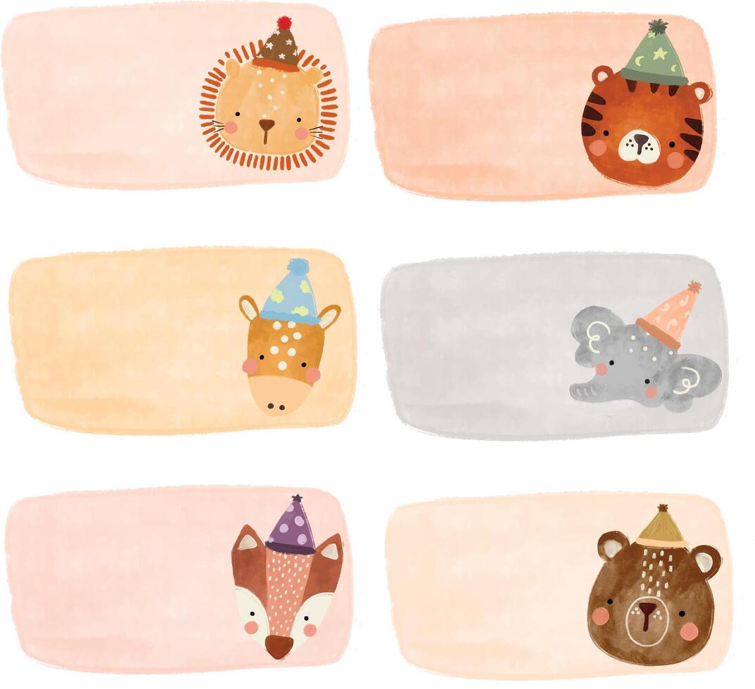 cute set collections Name Label birthday gift party sticker animal head scandinavian jungle forest zoo school note book pastel watercolor illustration notepad vector
