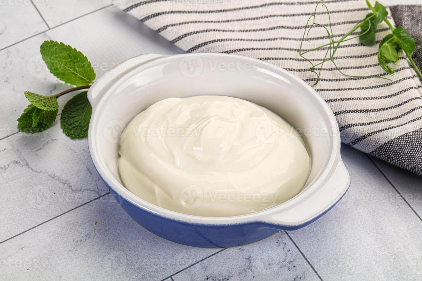 A bowl of yogurt with herbs and mint photo