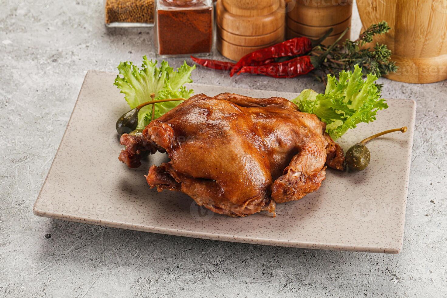 A chicken on a plate with vegetables and spices photo