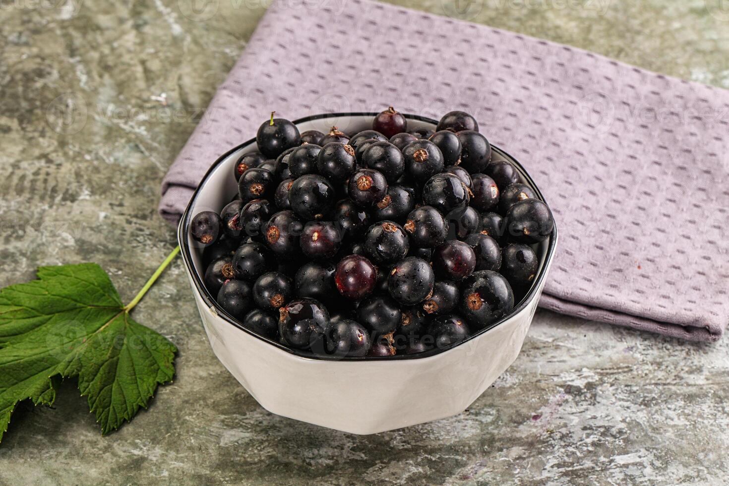 Black currant in a white bowl on a gray background photo