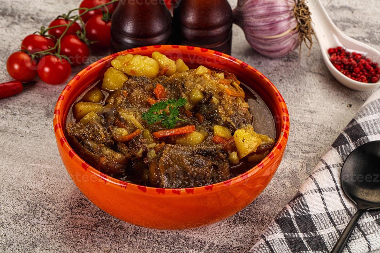 A bowl of stew with potatoes and meat in it photo