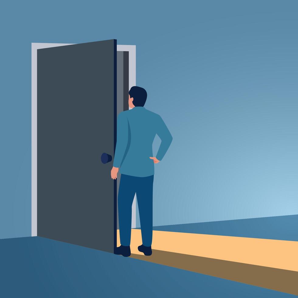 A man opens the door and shines. Illustration to reveal secrets, find strategies and open business tips. vector