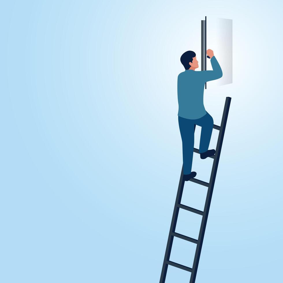 A man climbs a ladder to open a secret window in the sky. Illustration to open secrets, find strategies and open business tips. vector