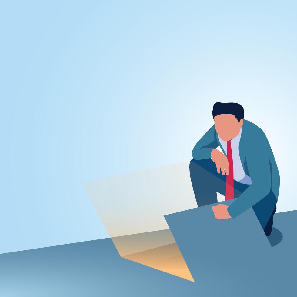 A man bends down to open a secret door in the floor. Illustration to open secrets, find strategies and open business tips. vector