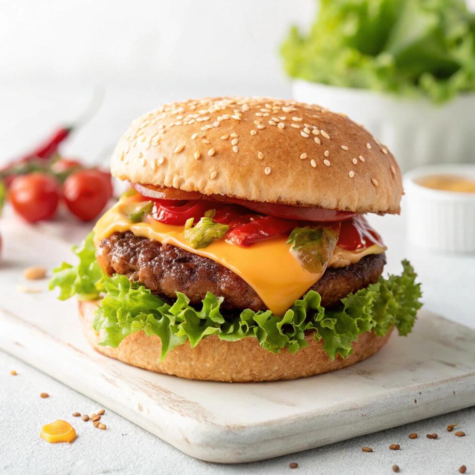 Burger with cheese, tomatoes, red onions and lettuce on white slate photo