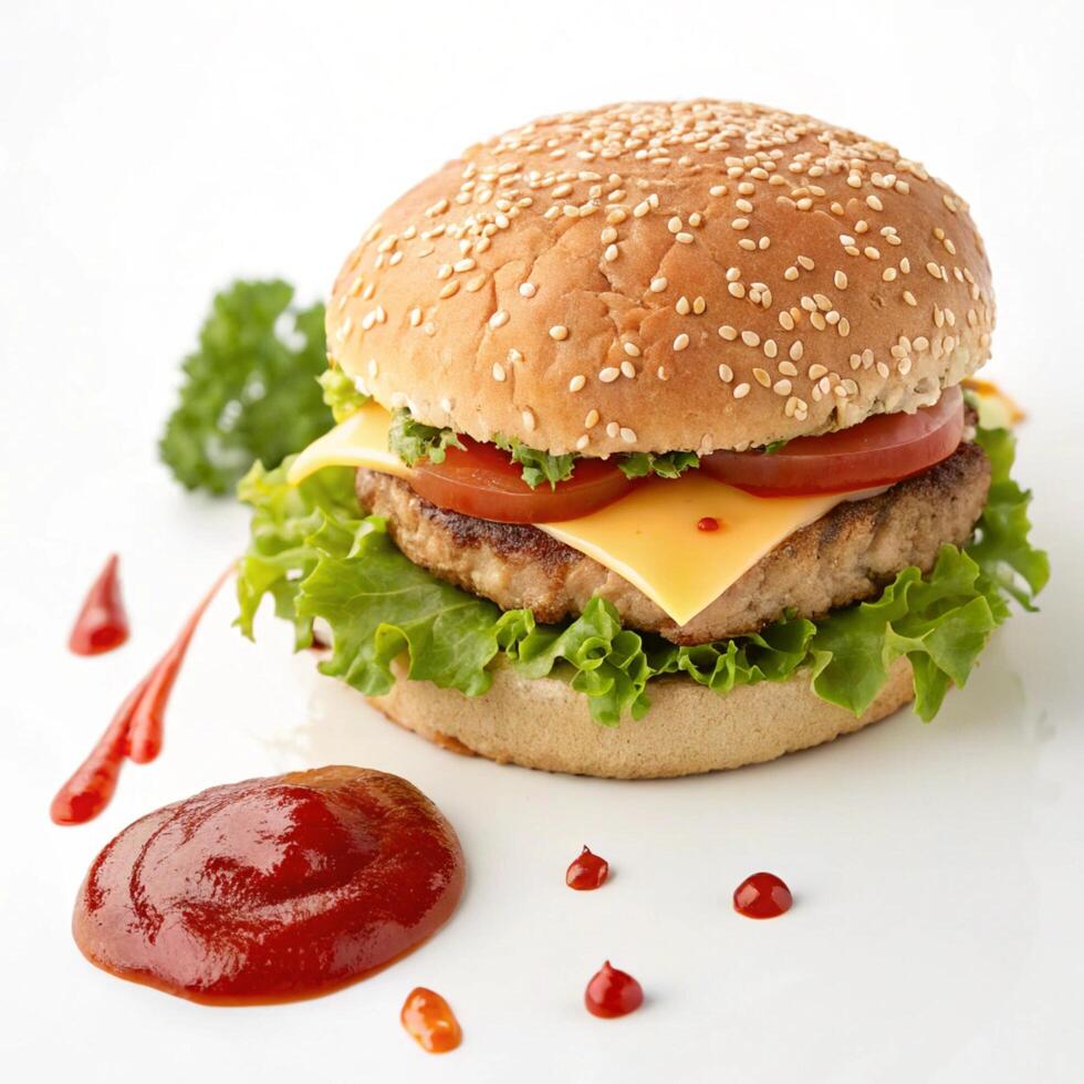 Beef burger with cheese, tomatoes, cucumber and lettuce on black slate over white background. Unhealthy food photo