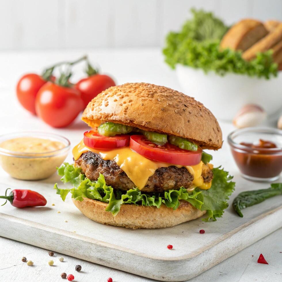 Beef burger with cheese, tomatoes, red onions, cucumber and lettuce on white slate photo