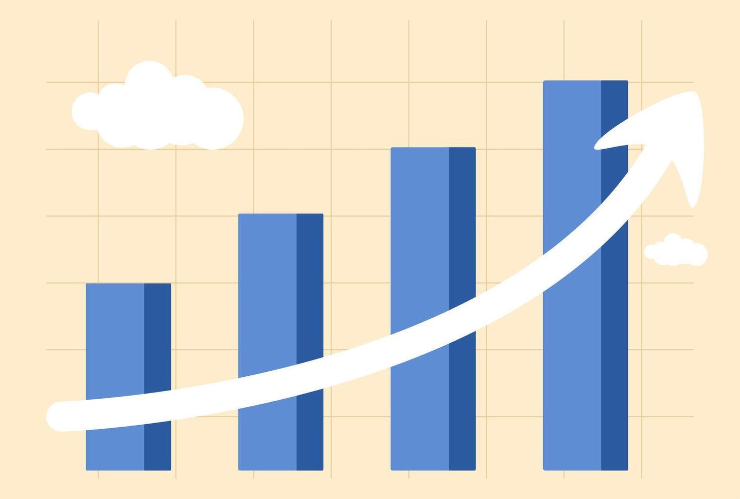 Blue bar Graph with Upward arrow illustration. White and Orange Background. vector