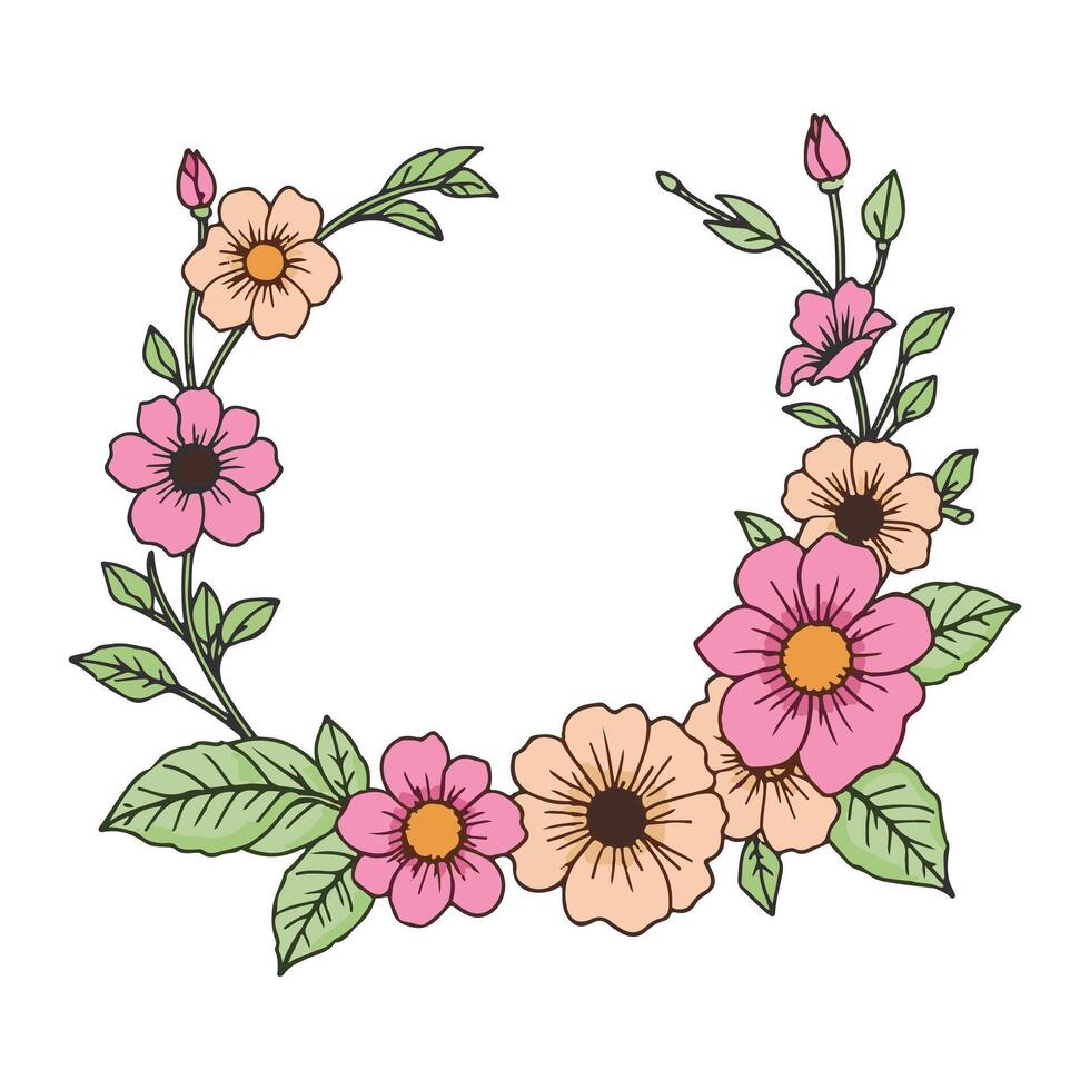 Floral circle frame. Hand drawn elegant botanical round borders, wreaths with branches, leaves and flowers in line art vector