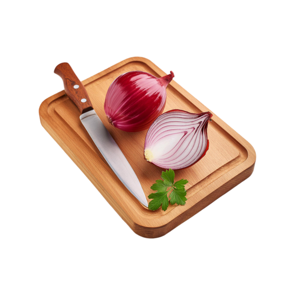 Whole and sliced onion with chopping board on transparent background png