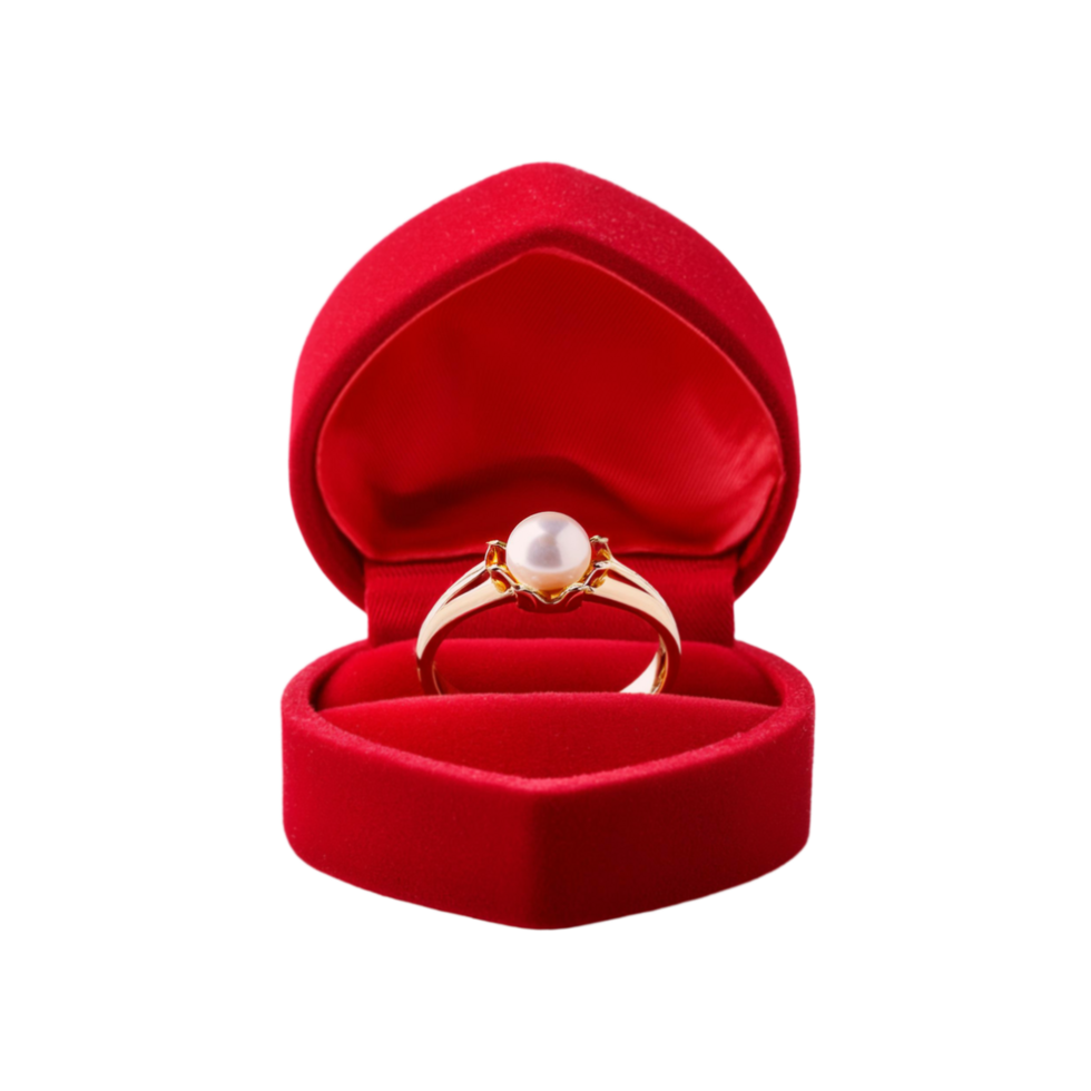 Gold Pearl ring in a red jewellery box on transparent background png