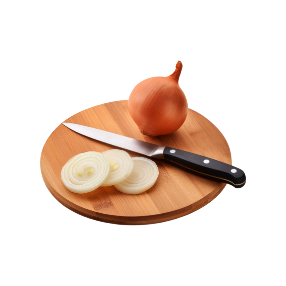 Whole and sliced onion with wooden chopping board on transparent background png