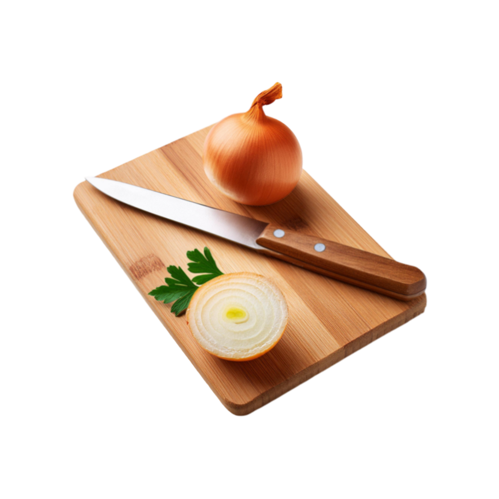 Whole and sliced onion with wooden chopping board and knife on transparent background png
