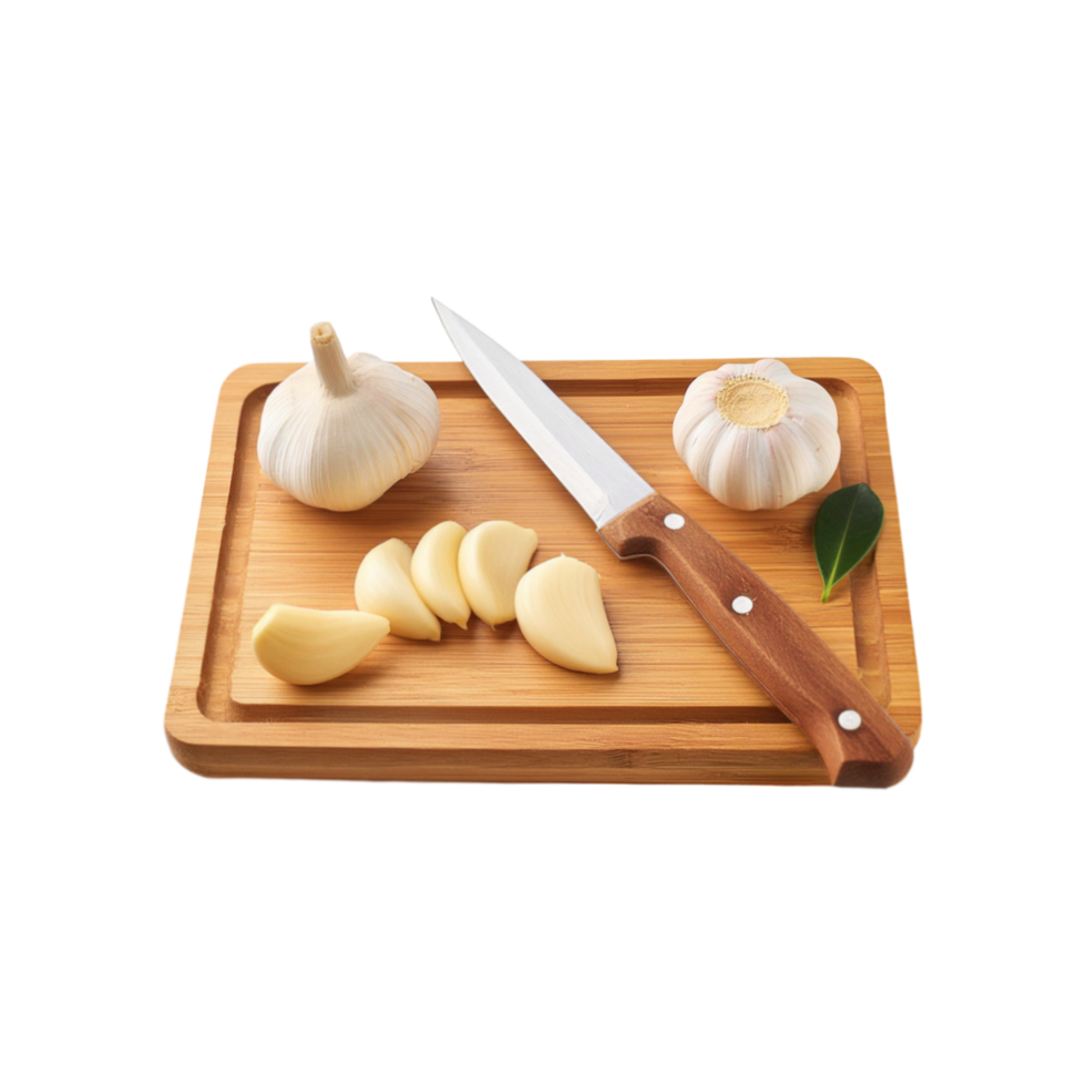 Whole and sliced garlic with wooden chopping board on transparent background png