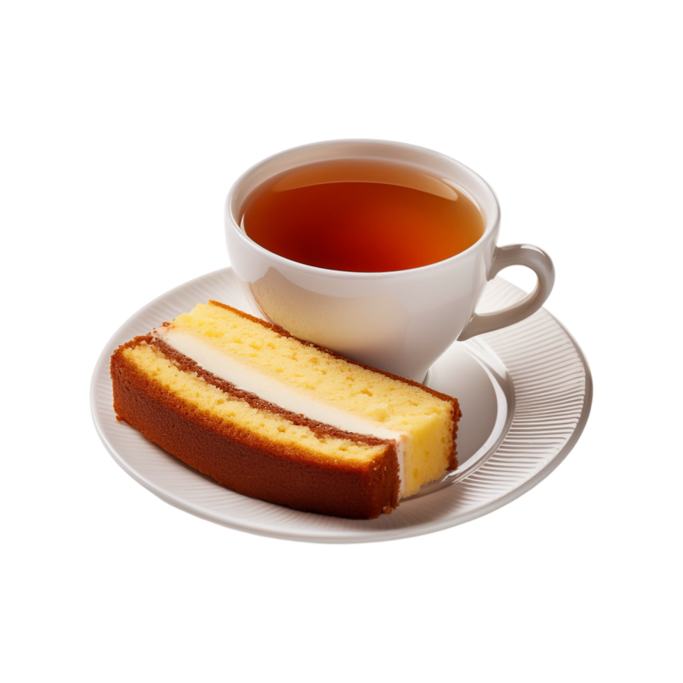 White cup and plate of tea with sliced cake on transparent background png