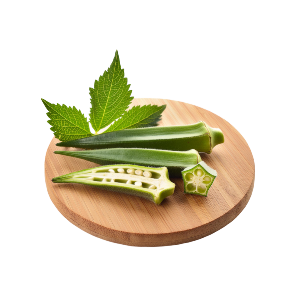 Okra vegetable and slices with wooden chopping board on transparent background png