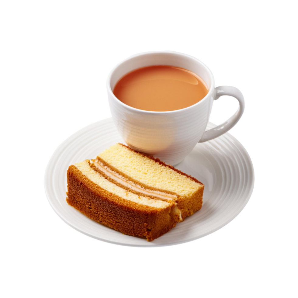 White cup of tea with sliced cake on transparent background png