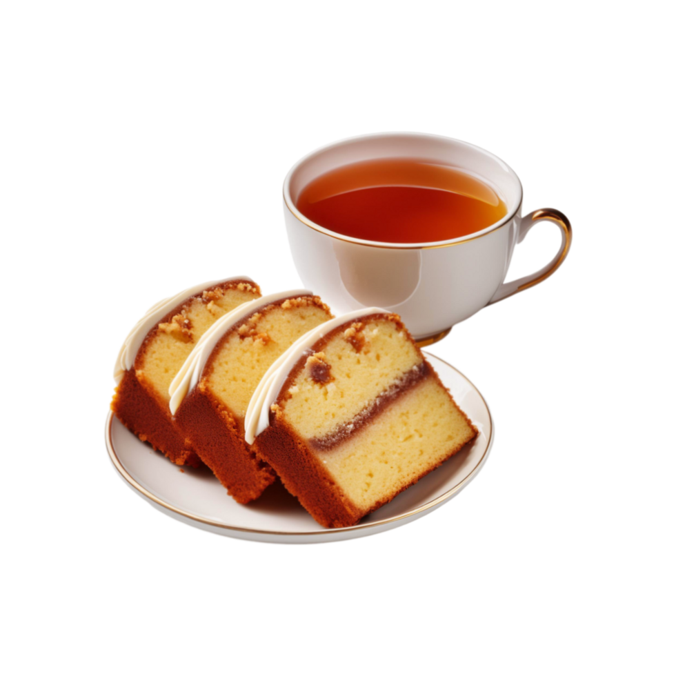 Cup of tea with sliced cake on transparent background png